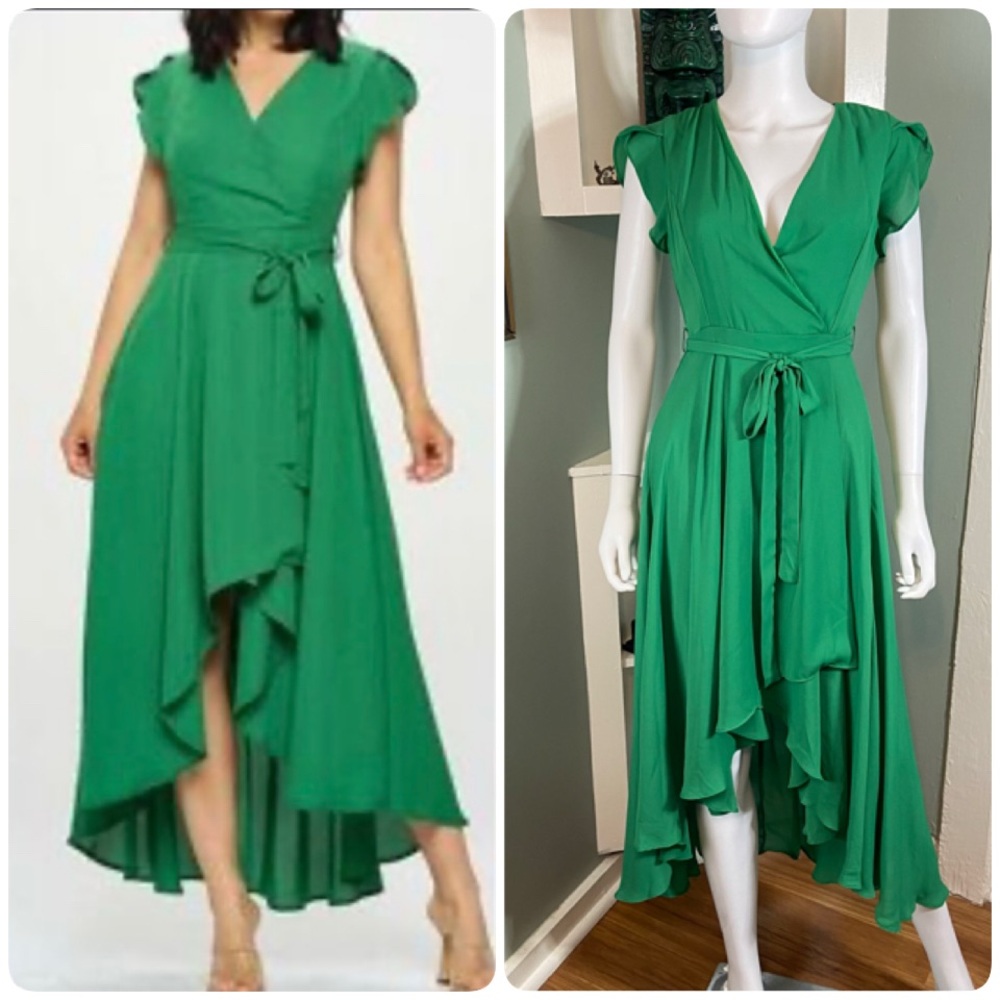 NWT New KLD High-Low Green Wrap Dress Chiffon Surplice Flutter Slv Asymmetrical